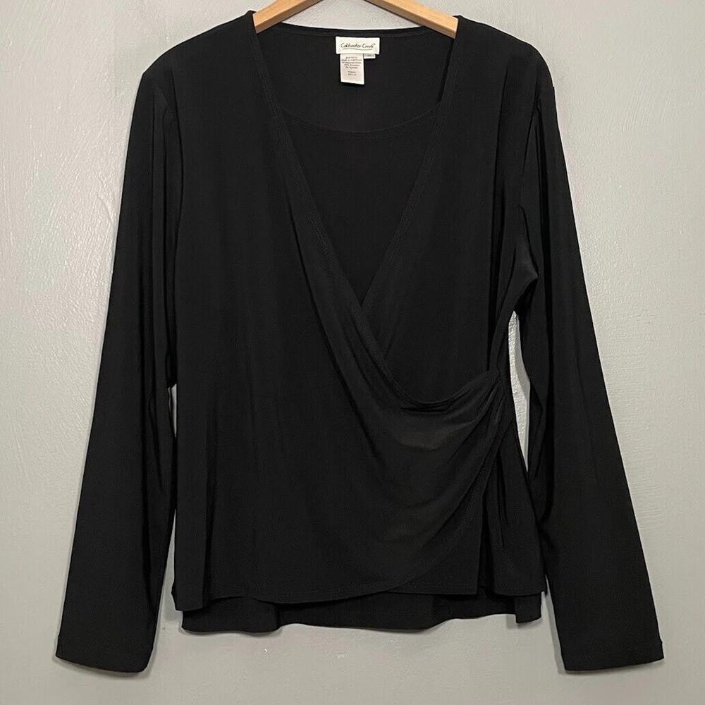 Coldwater Creek Womens Size Medium Black Stretch Knit Faux Wrap Ruched Top Goth